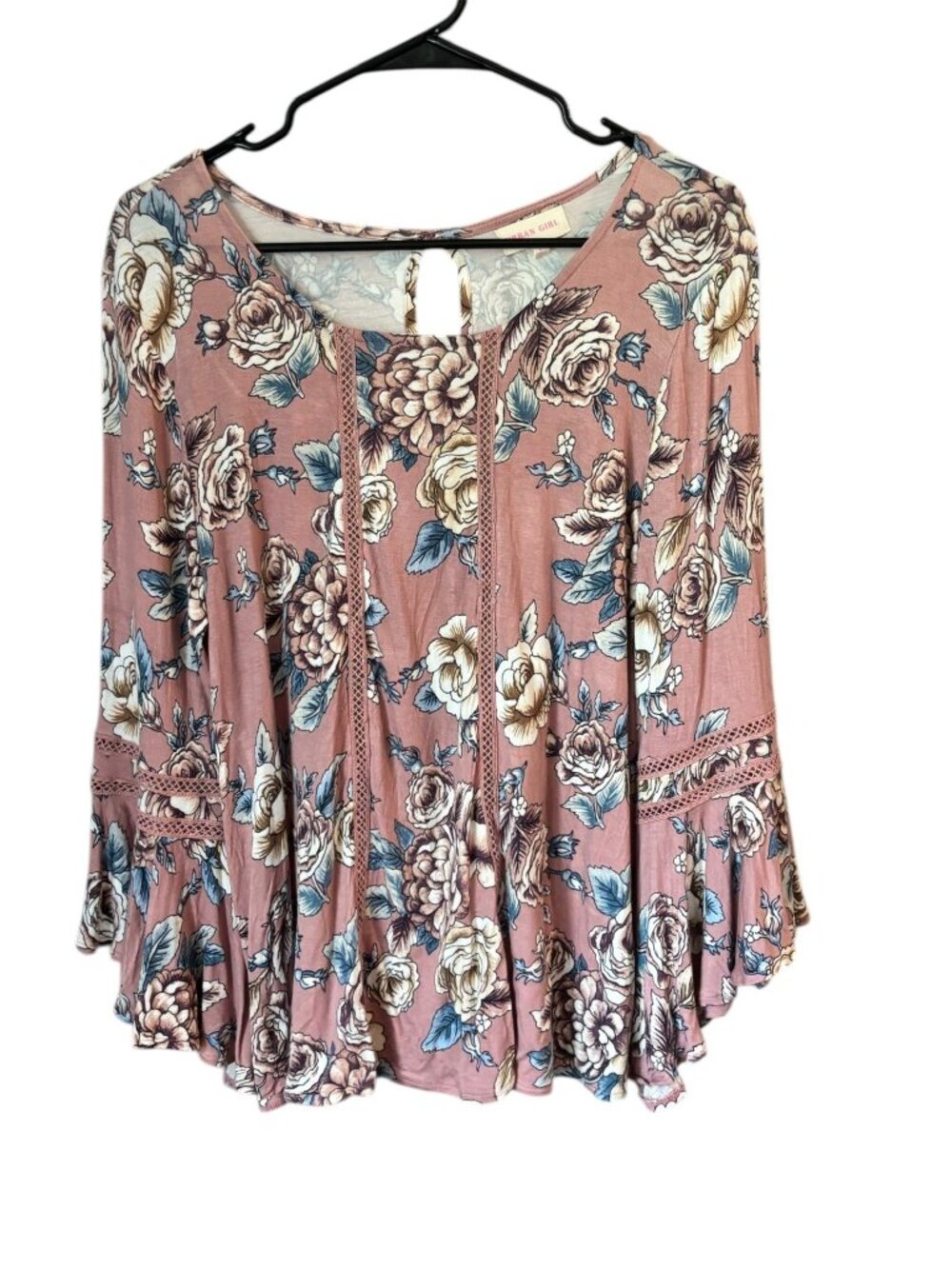 Urban Girl Women's Pink Floral Super Soft Flare Sleeve Top
